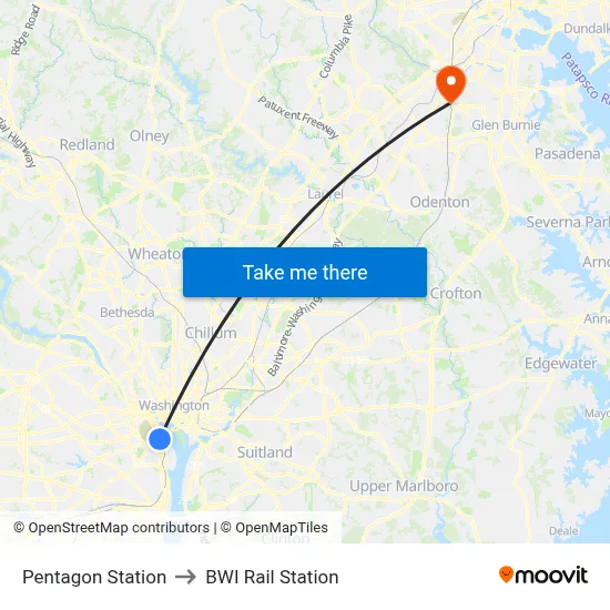 Pentagon Station to BWI Rail Station map