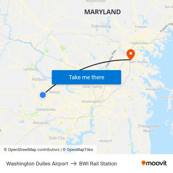 Washington Dulles Airport to BWI Rail Station map