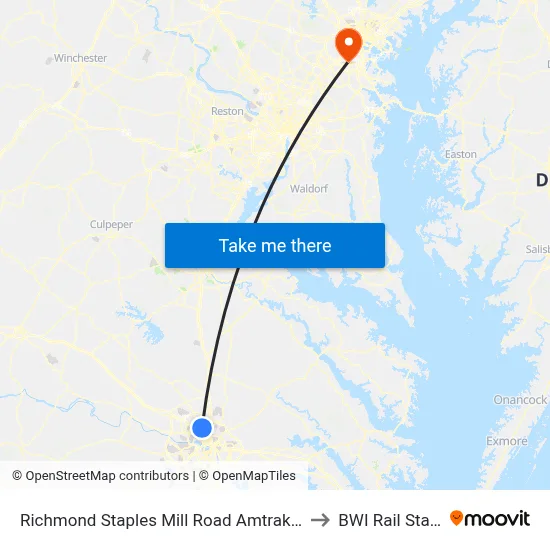 Richmond Staples Mill Road Amtrak Station to BWI Rail Station map