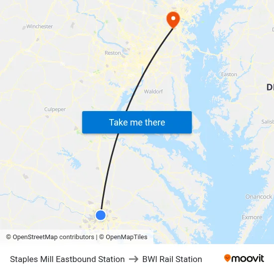 Staples  Mill Eastbound Station to BWI Rail Station map