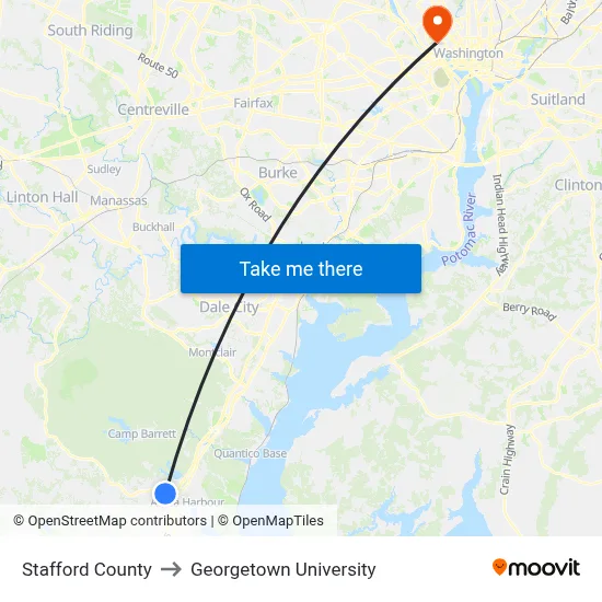 Stafford County to Georgetown University map