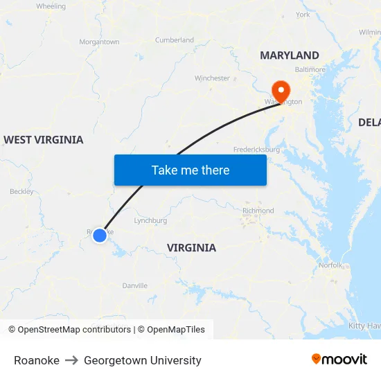 Roanoke to Georgetown University map