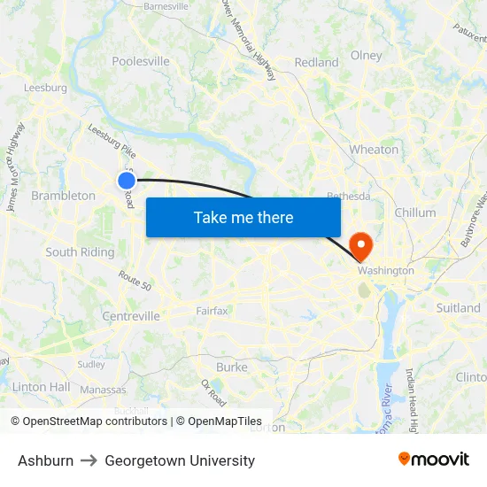 Ashburn to Georgetown University map