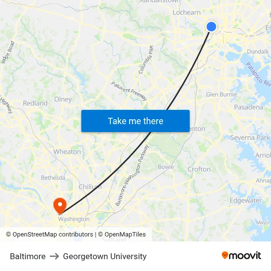 Baltimore to Georgetown University map