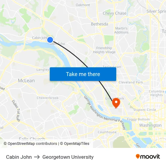 Cabin John to Georgetown University map