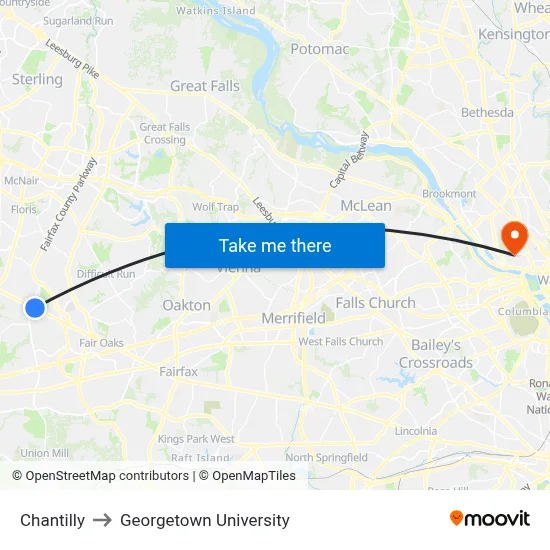 Chantilly to Georgetown University map