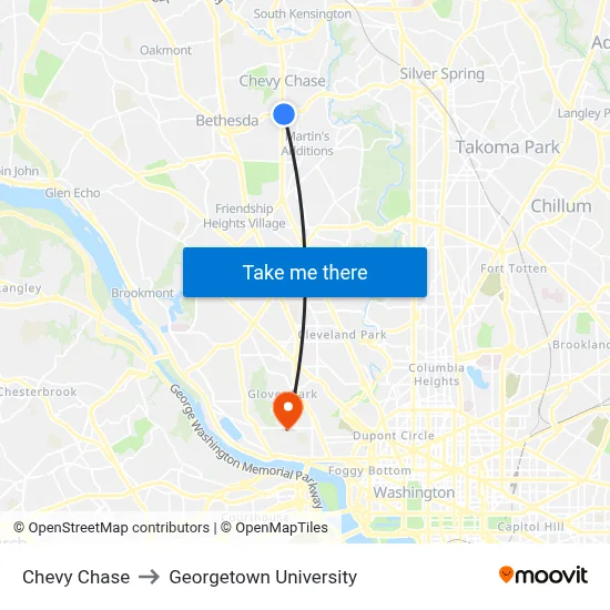 Chevy Chase to Georgetown University map
