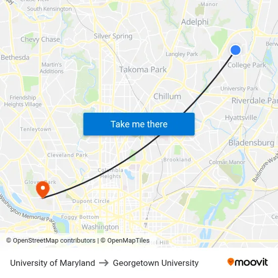University of Maryland to Georgetown University map