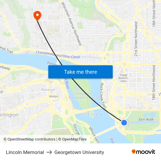 Lincoln Memorial to Georgetown University map