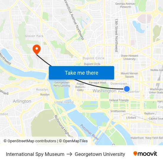 International Spy Museum to Georgetown University map