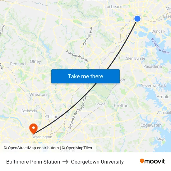Baltimore Penn Station to Georgetown University map