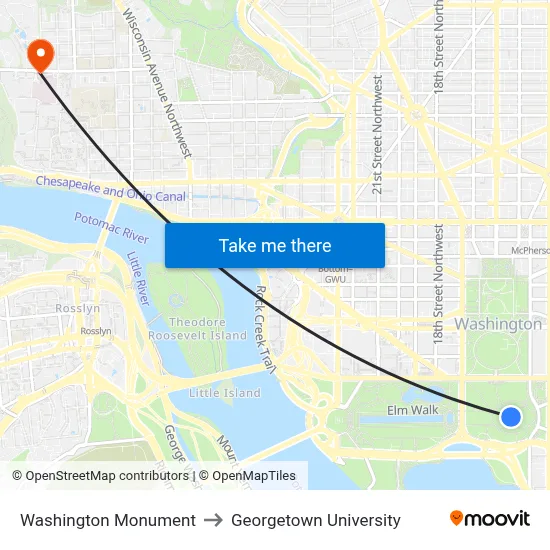Washington Monument to Georgetown University map