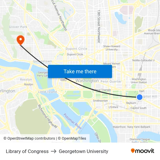 Library of Congress to Georgetown University map