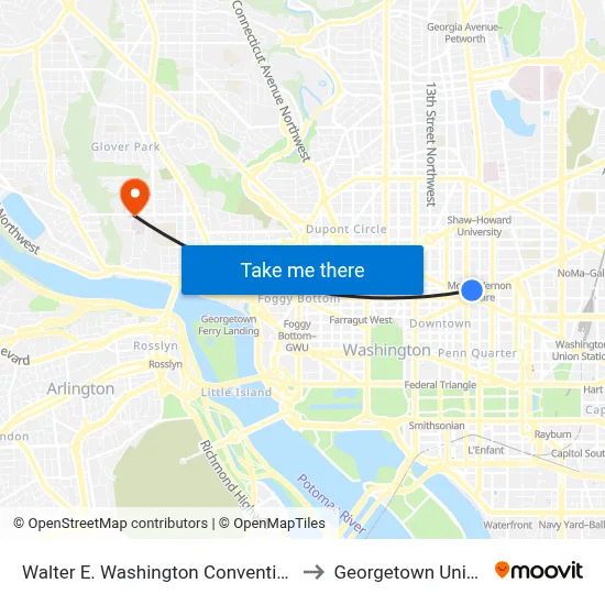 Walter E. Washington Convention Center to Georgetown University map
