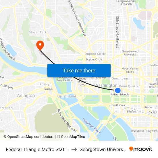 Federal Triangle Metro Station to Georgetown University map