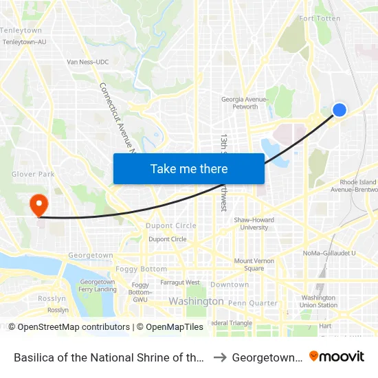 Basilica of the National Shrine of the Immaculate Conception to Georgetown University map