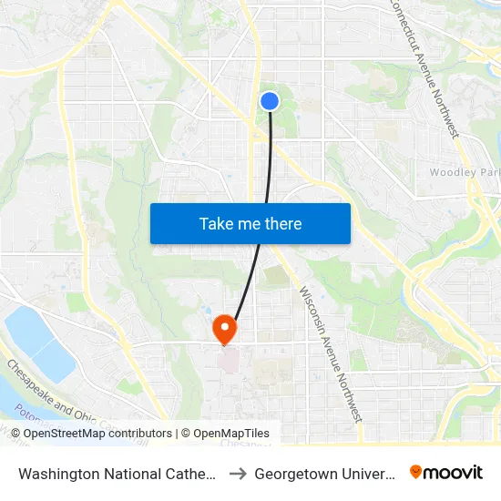 Washington National Cathedral to Georgetown University map
