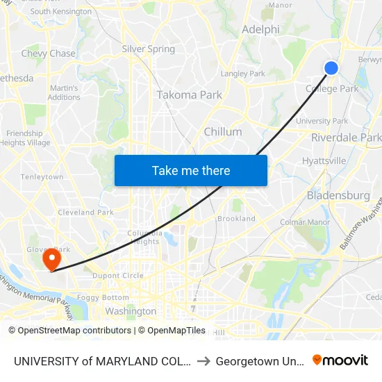 UNIVERSITY of MARYLAND COLLEGE PARK to Georgetown University map