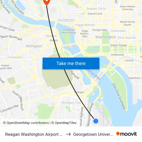 Reagan Washington Airport DCA to Georgetown University map
