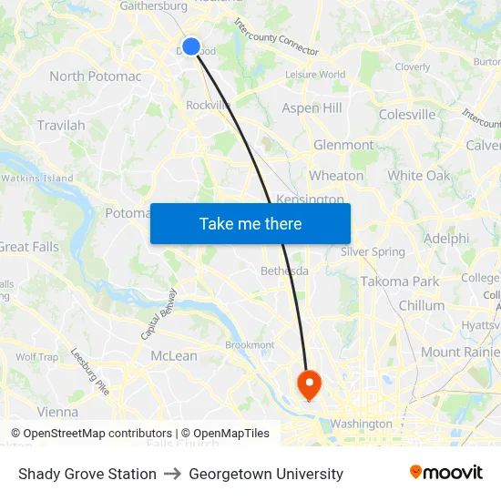 Shady Grove Station to Georgetown University map