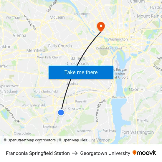 Franconia Springfield Station to Georgetown University map