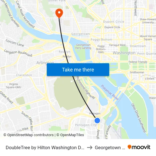 DoubleTree by Hilton Washington DC Crystal City Arlington to Georgetown University map