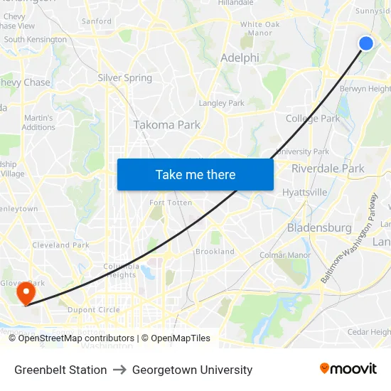 Greenbelt Station to Georgetown University map