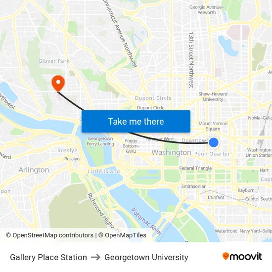 Gallery Place Station to Georgetown University map