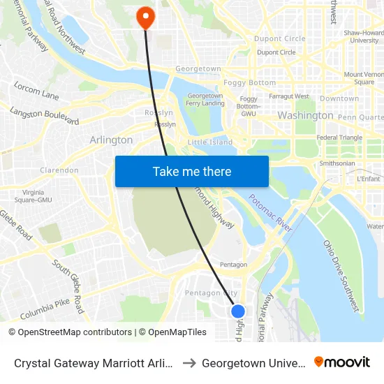 Crystal Gateway Marriott Arlington to Georgetown University map