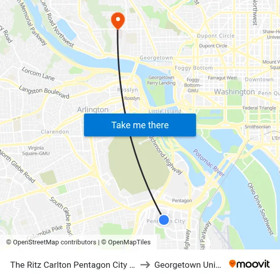 The Ritz Carlton Pentagon City Arlington to Georgetown University map