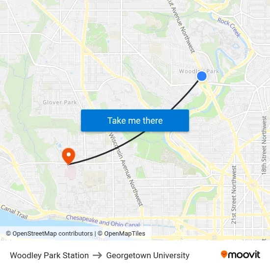 Woodley Park Station to Georgetown University map