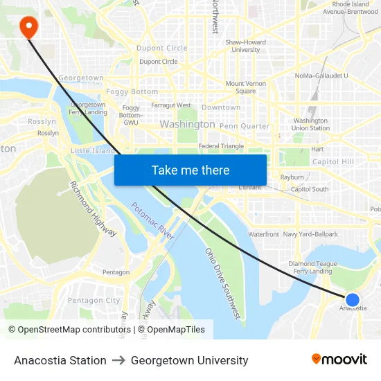 Anacostia Station to Georgetown University map