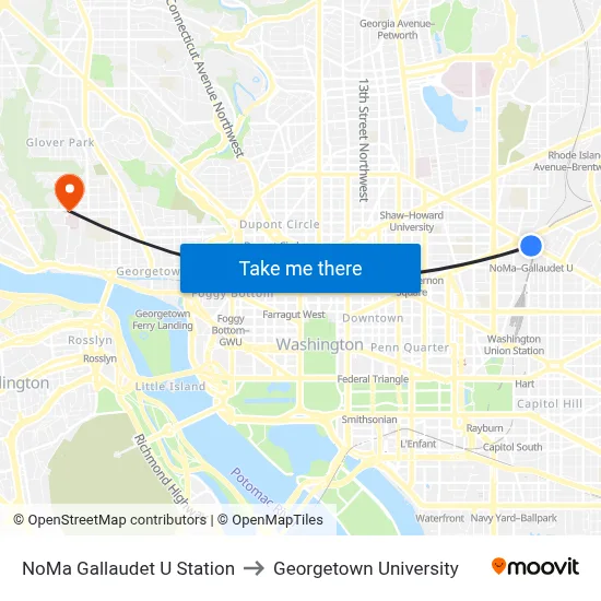 NoMa Gallaudet U Station to Georgetown University map