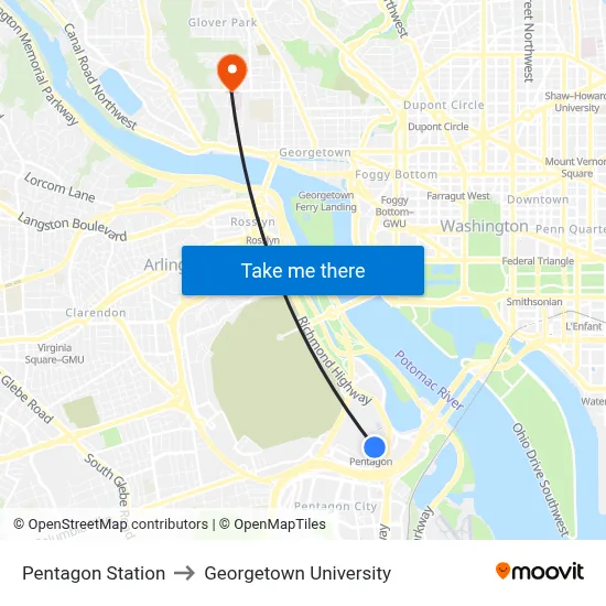 Pentagon Station to Georgetown University map