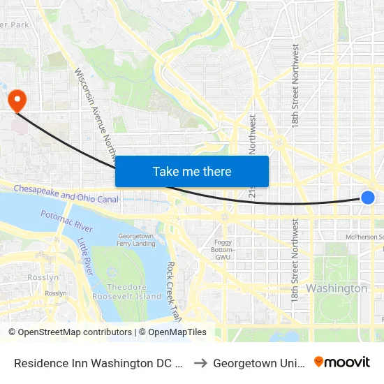 Residence Inn Washington DC Downtown to Georgetown University map
