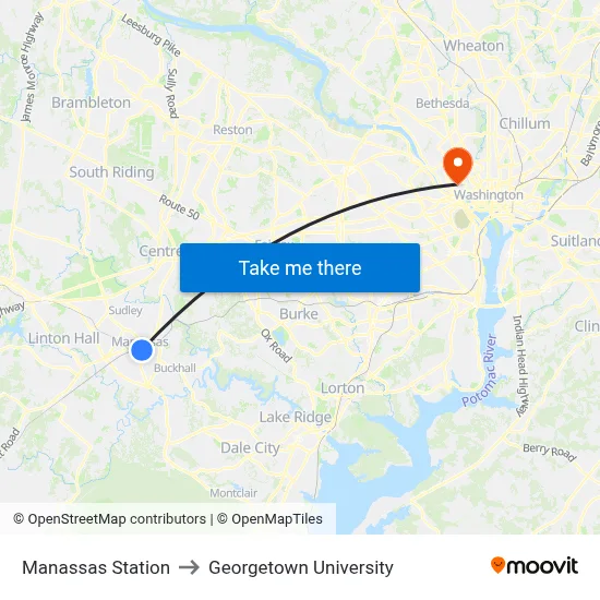 Manassas Station to Georgetown University map