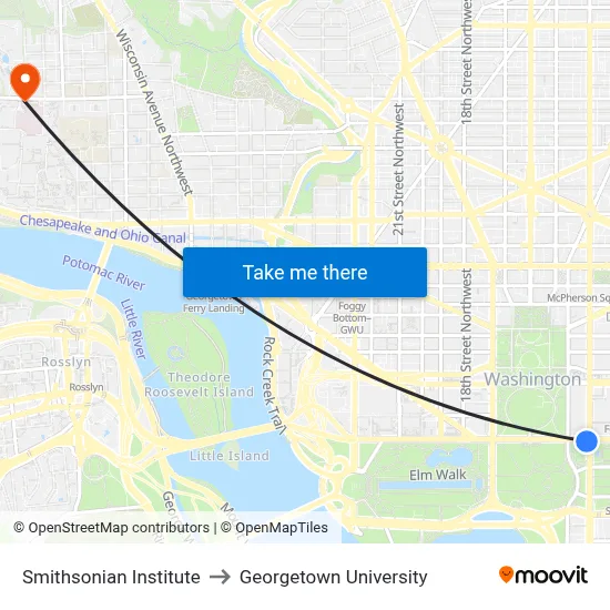 Smithsonian Institute to Georgetown University map