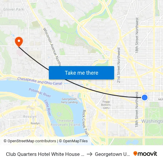 Club Quarters Hotel White House Washington DC to Georgetown University map