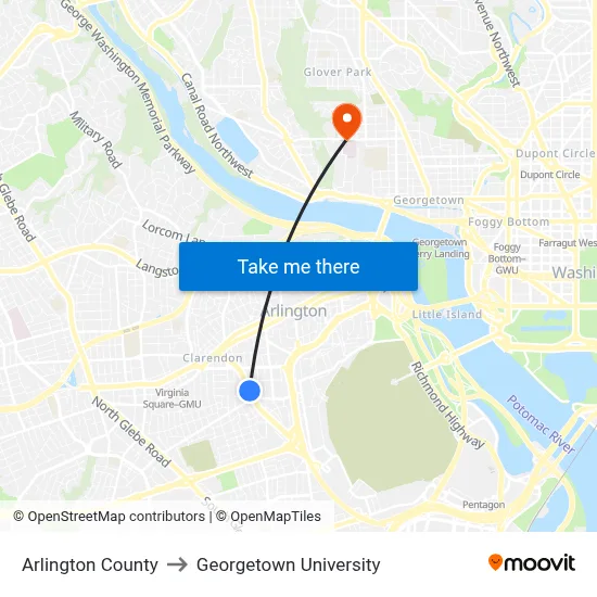 Arlington County to Georgetown University map