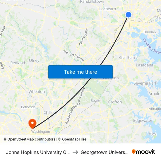 Johns Hopkins University Olin to Georgetown University map