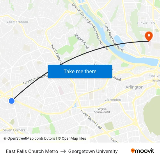 East Falls Church Metro to Georgetown University map