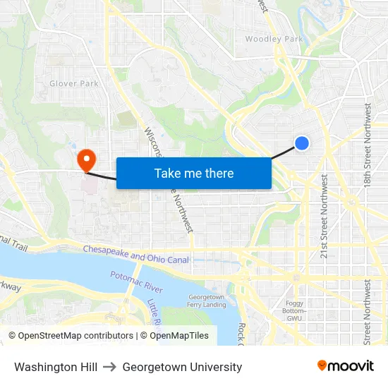 Washington Hill to Georgetown University map