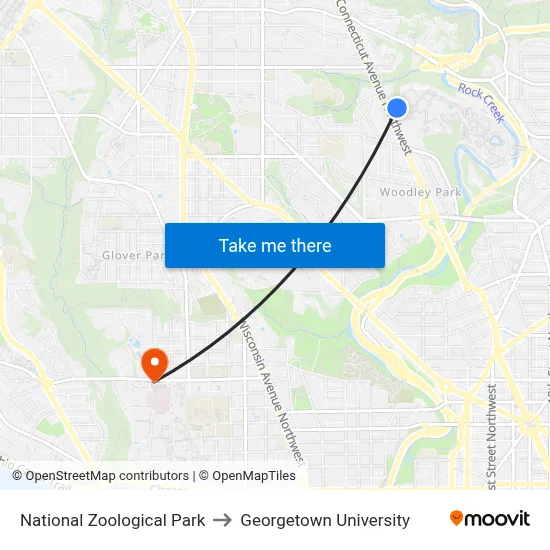 National Zoological Park, 3001 Connecticut Ave NW to Georgetown University map