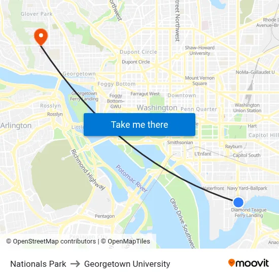 Nationals Park to Georgetown University map