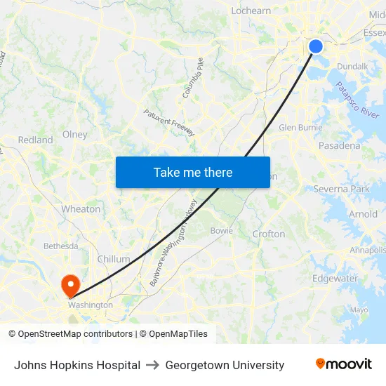 Johns Hopkins Hospital to Georgetown University map