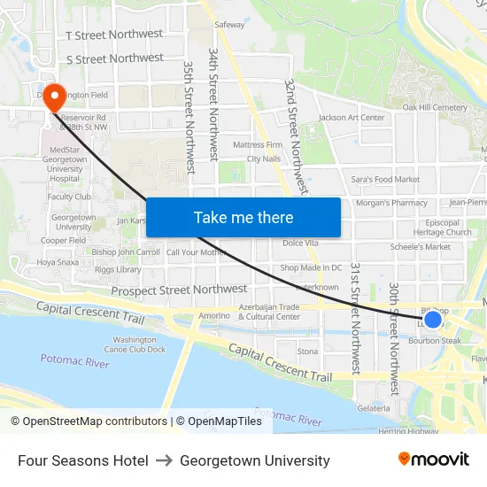 Four Seasons Hotel to Georgetown University map
