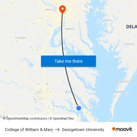 College of William & Mary to Georgetown University map