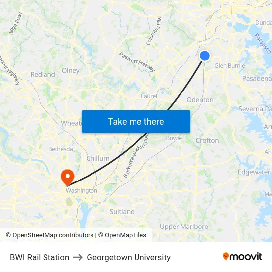 BWI Rail Station to Georgetown University map