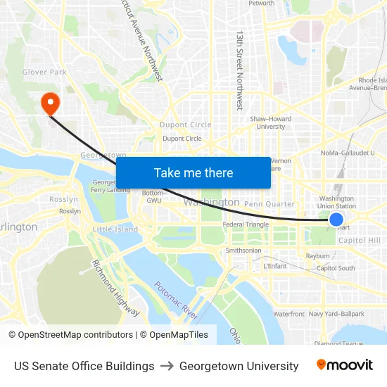 US Senate Office Buildings to Georgetown University map