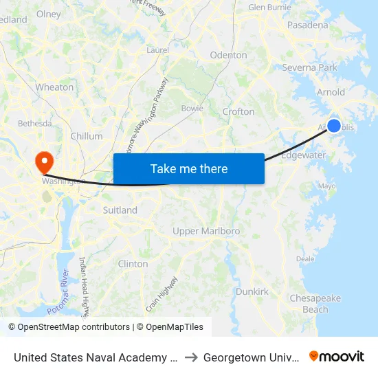 United States Naval Academy Chapel to Georgetown University map